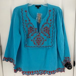 NWT J.Crew Red Floral Embroidered Linen Blue Tunic Blouse Top Size M